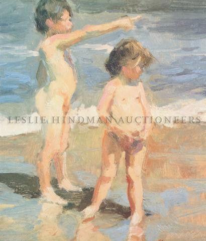 Dan McCaw, (American, 1942), Children on Beach: Dan McCaw (American, 1942) Children on Beach oil on board signed (lower right) 11 1/2 x 10 inches.
