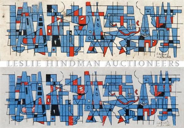 Carlos Merida, (Guatemalan, 1895-1984), Navidad, A pair: Carlos Merida (Guatemalan, 1895-1984) Navidad, A pair of works silkscreens signed (lower right) 10 1/2 x 3 1/2 inches.