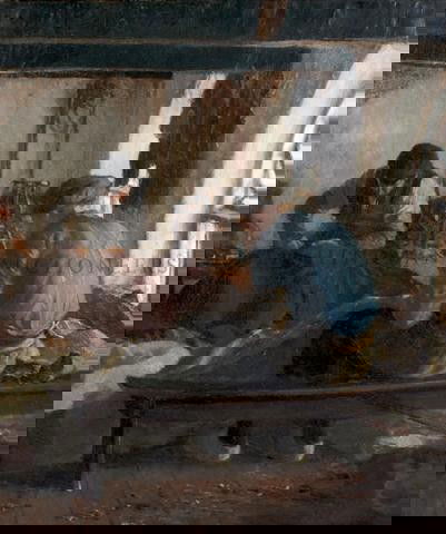 Ernst Oppler, (German, 1867-1929), Workers in Shop: Ernst Oppler (German, 1867-1929) Workers in Shop oil on canvas signed (lower right) 28 1/4 x 23 3/4 inches. Property from the Estate of Norma Seidman, Lincolnwood, Illinois