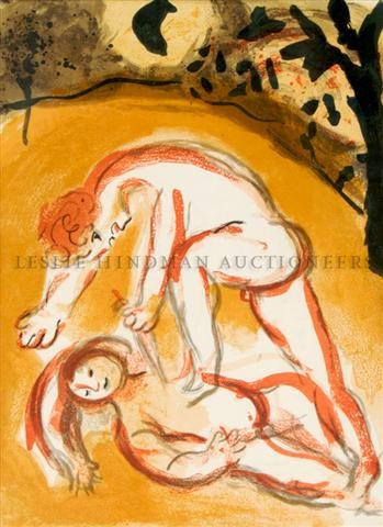 Marc Chagall, (French/Russian, 1887-1985), Cain and Abe: Marc Chagall (French/Russian, 1887-1985) Cain and Abel, 1960 color lithograph 13 1/2 x 9 3/4 inches.