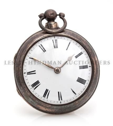A Sterling Silver Key Wound Pair Case Pocket Watch, Joh: A Sterling Silver Key Wound Pair Case Pocket Watch, John Pike, Circa 1835, 54.00 mm outer case diameter, white porcelain dial, black Roman numerals, silvered spade and lozenge hands, outer chapter rin