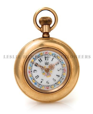 A Gold Tone Mechanical Pocket Watch, Addison,: A Gold Tone Mechanical Pocket Watch, Addison, 38.00 mm case diameter, multi color porcelain dial with gilt accents. Property from the Estate of Marjorie Jeanne Wiley, Evanston, Illinois