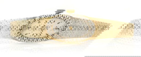 A 14 Karat Yellow Gold and Diamond Wristwatch, Longines: A 14 Karat Yellow Gold and Diamond Wristwatch, Longines, containing 28 single cut diamonds weighing approximately 0.28 carat total, matte silvered dial, applied block numerals, black baton hands, oval