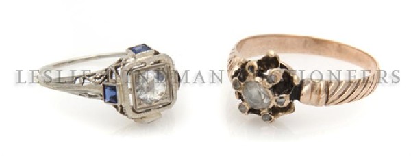 A Group of Yellow Gold and Diamond Jewelry, 3.60 dwts.: A Group of Yellow Gold and Diamond Jewelry, consisting of an 18 karat white gold ring containing one rose cut diamond weighing approximately 0.28 carat and four French cut synthetic sapphires, and a 1