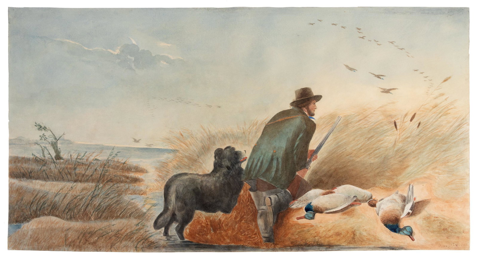 Harry Pelling Gill (British, 1855-1916) Hunting Scene: Harry Pelling Gill (British, 1855-1916) Hunting Scene watercolor 11 3/4 x 22 1/4 inches