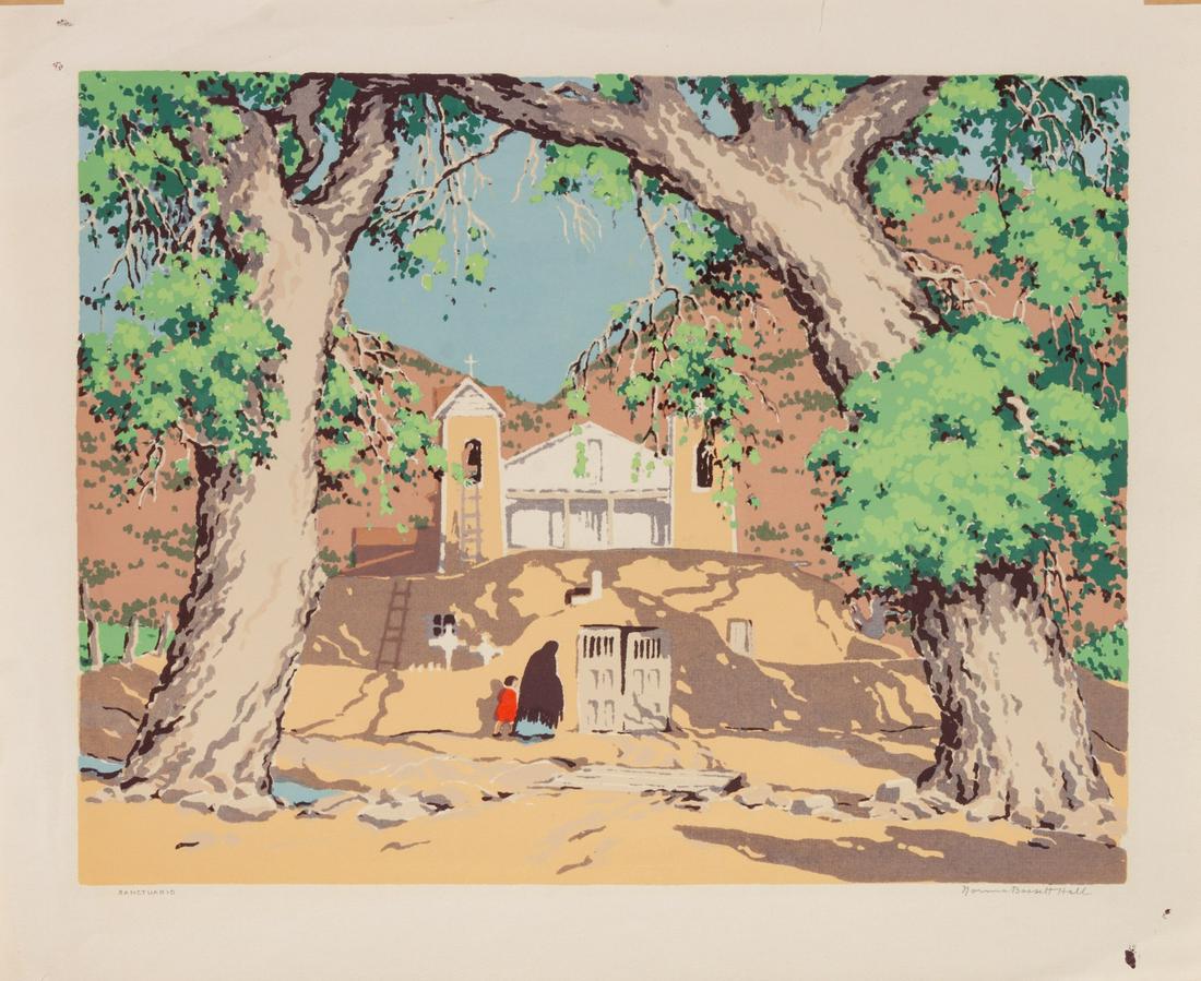Norma Bassett Hall (American, 1889-1957) Sanctuario: Norma Bassett Hall (American, 1889-1957) Sanctuario color silkscreen signed and titled in pencil 12 x 15 inches. Property from the Estate of Richard Altermann, Santa Fe, New Mexico