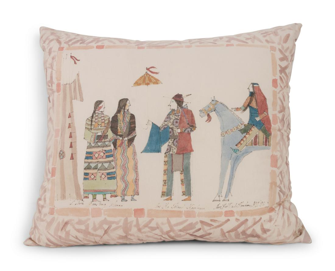 Tom Haukaas (Lakota, b. 1950) Lakota Courting Scene,: Tom Haukaas (Lakota, b. 1950) Lakota Courting Scene, 1996 Ledger Style Painted Pillow titled, dedicated, For My Friend Marilynn, signed, and dated length 18 inches x width 20 inches The Marilyn Eber C