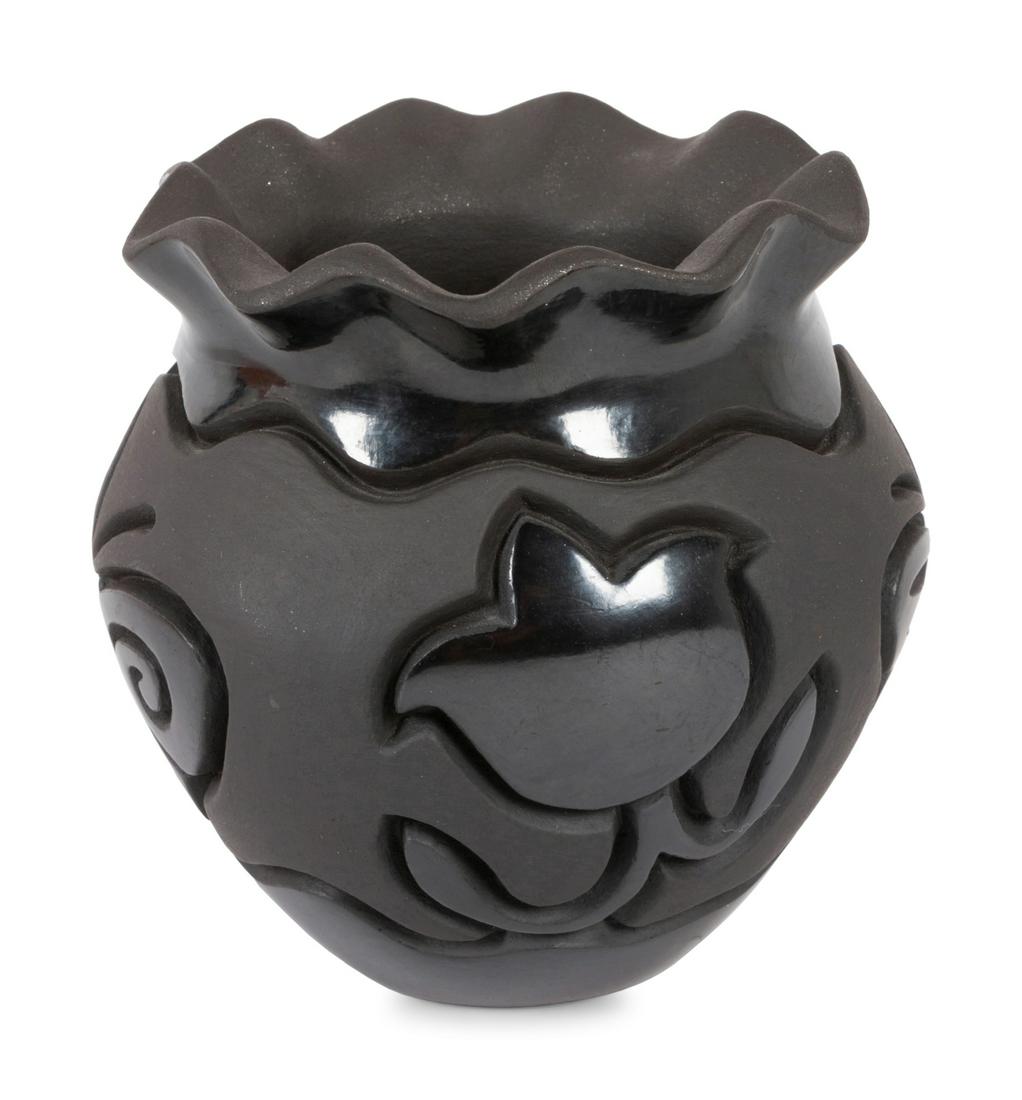 Harrison Begay (Santa Clara, 20th century) Carved Jar,: Harrison Begay (Santa Clara, 20th century) Carved Jar, with Butterflies and Tulips, 2001 having a scalloped rim and micaceous interior; signed and dated on base height 4 1/4 inches x diameter 4 1/2 in