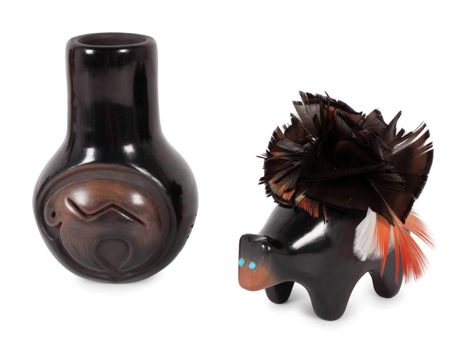 Santa Clara and San Ildefonso Pottery: Santa Clara and San Ildefonso Pottery 20th century lot of 2, includes: Cavan Gonzales (San Ildefonso, 20th century) black and sienna bear, with turquoise bead eyes; signed on underside height 4 inches