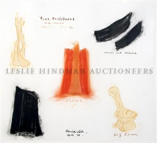 David Nash, (British, b. 1945), Five Sculptures: David Nash (British, b. 1945) Five Sculptures mixed media on paper signed (lower edge) 35 1/2 x 39 inches. Museum of Contemporary Art, Chicago, Illinois (label on verso)