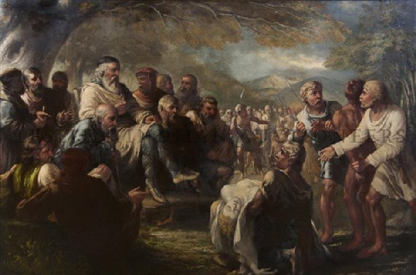 J. W. Walton, 19th century, The First Trial By Jur: J. W. Walton 19th century The First Trial By Jury, 1881 oil on canvas signed and dated (lower right) 45 1/2 x 67 1/2 inches
