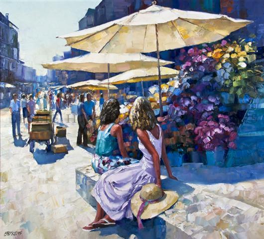 Howard Behrens, (American, b. 1933), Flower Market: Howard Behrens (American, b. 1933) Flower Market oil on canvas signed (lower left) 35 1/2 x 39 1/4 inches. Wally Findlay Galleries (label on verso)