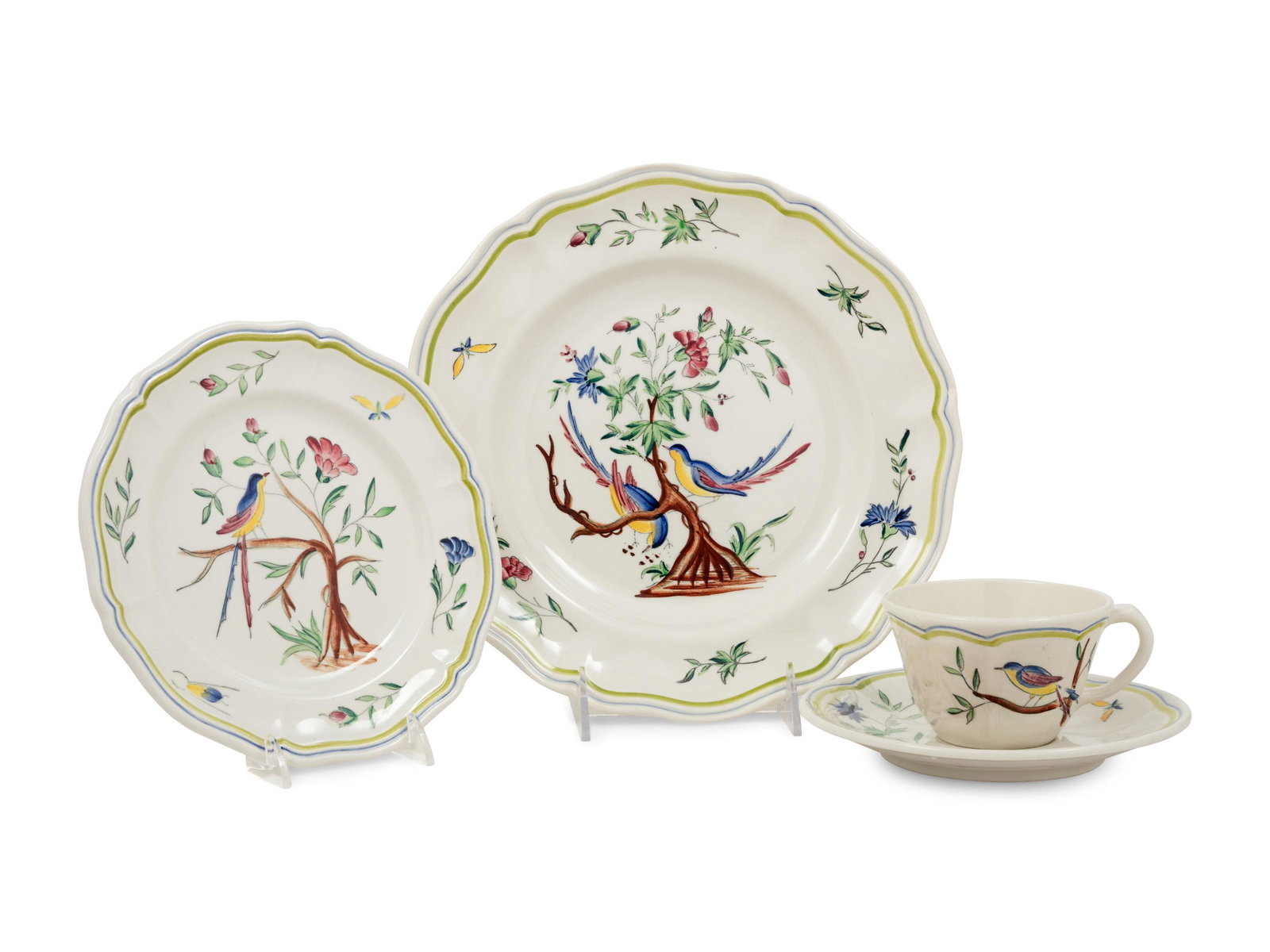 A French Painted Porcelain Dinner Service: A French Painted Porcelain Dinner Service 20th Century each marked 'Hand Painted/France' to underside, comprising 12 dinner plates 13 salad plates 22 bread plates 5 teacups 12 saucers; 64 items total.