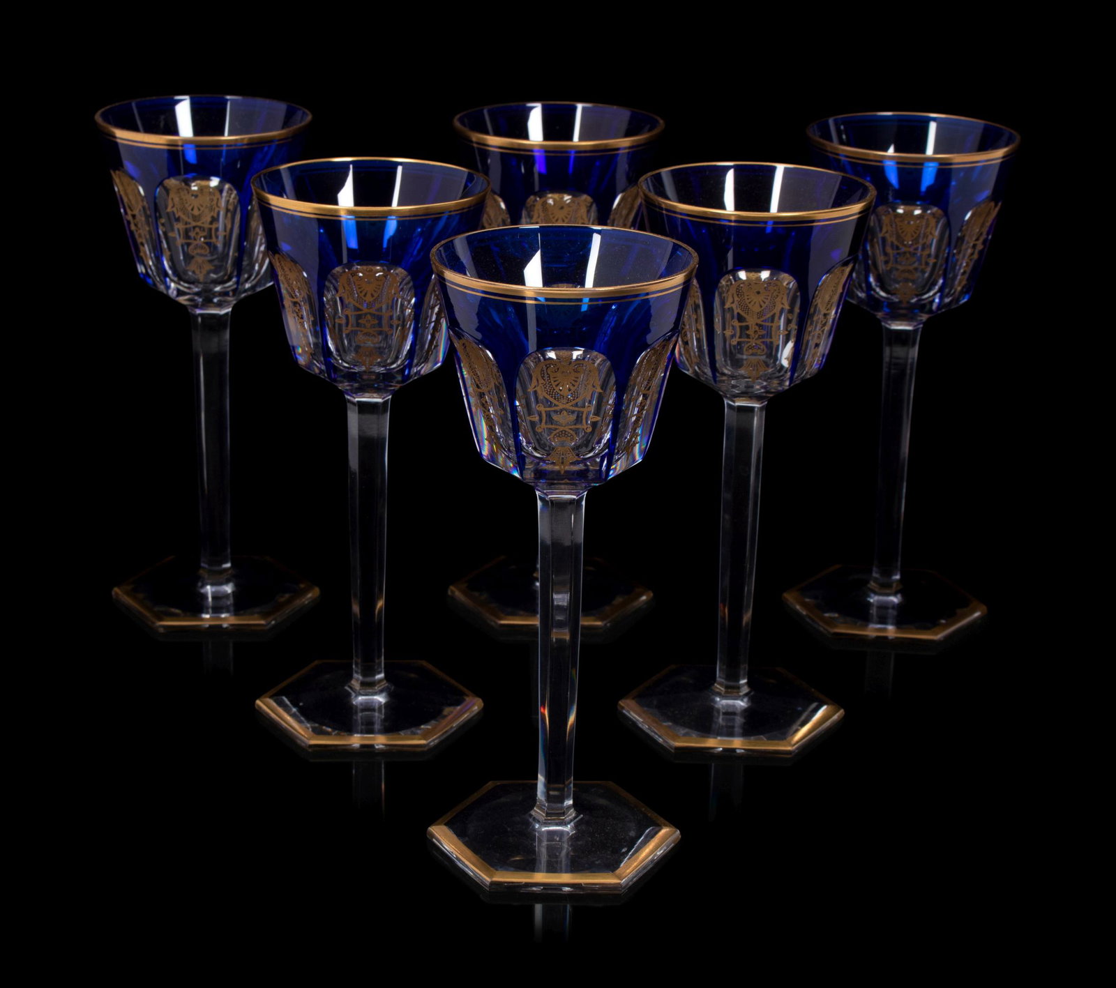 A Set of Fourteen Baccarat Cobalt and Gilt Decorated: A Set of Fourteen Baccarat Cobalt and Gilt Decorated Hock Wine Glasses 20th Century Height 7 1/2 inches. Property from a Private Collection