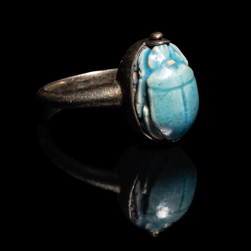 An Egyptian Faience Scarab Ring Ring size 6; Length of (1 of 3)