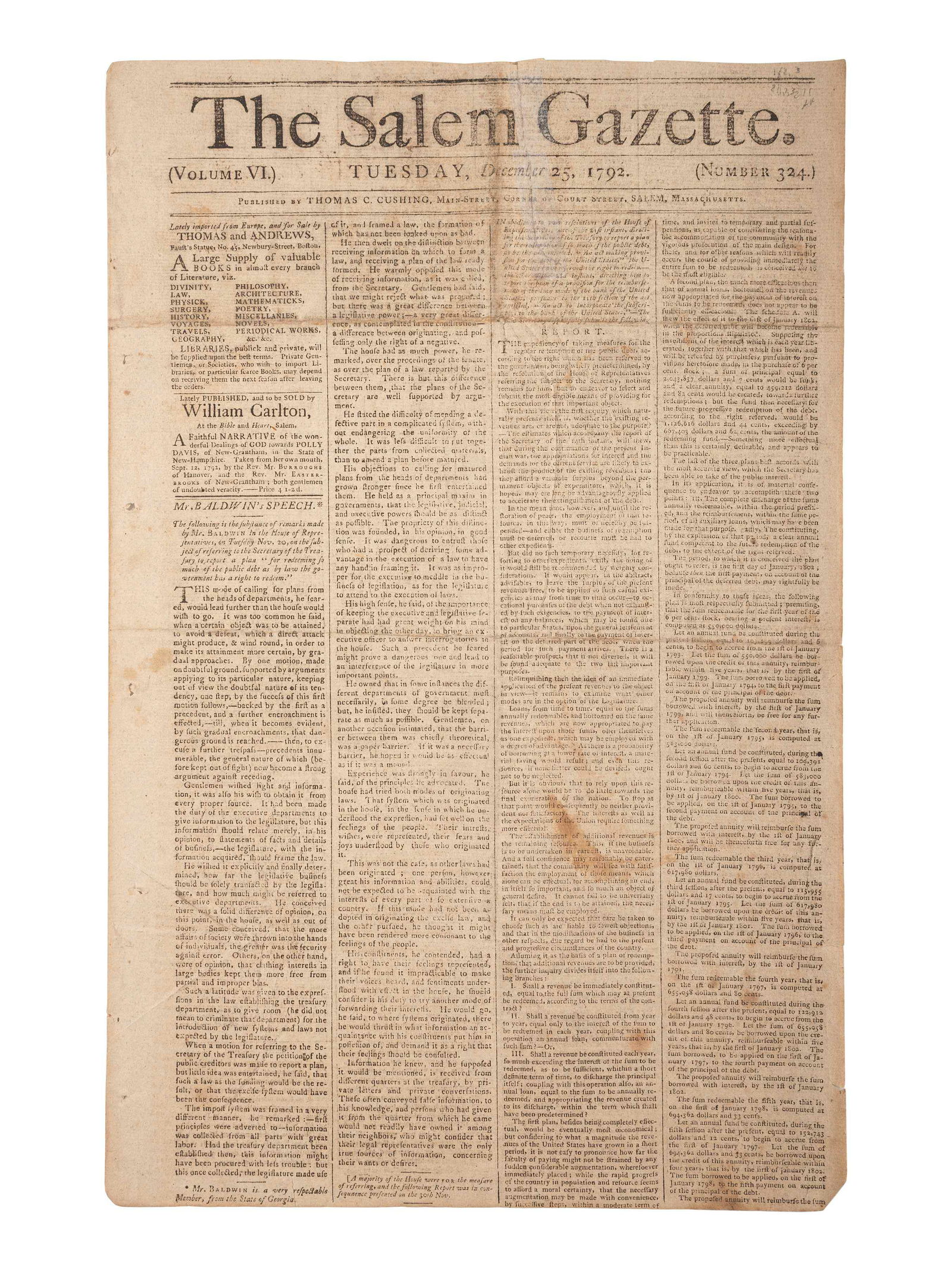 [HAMILTON, Alexander (1757-1804)]. The Salem Gazette. (1 of 4)