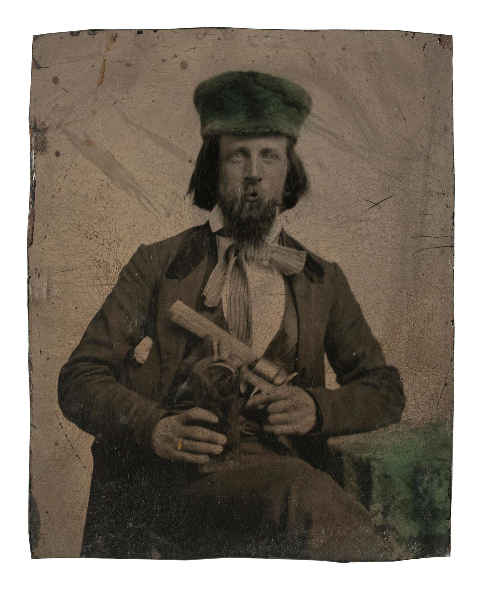 [CIVIL WAR]. A group of 4 items identified to CSA: [CIVIL WAR]. A group of 4 items identified to CSA Private William V. Yates, 3rd Missouri Infantry, incl. war-date documents and tintype. Three-quarters length studio portrait of soldier, presumably Wi