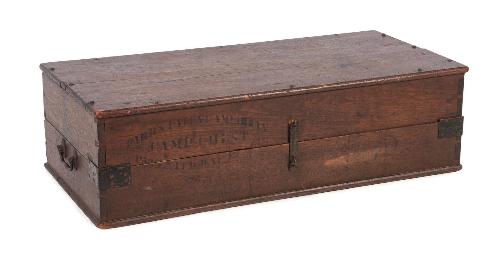 [CIVIL WAR - EQUIPMENT] Camp desk identified to Co. C,: [CIVIL WAR - EQUIPMENT] Camp desk identified to Co. C, 77th New York State Volunteers 33-3/4 x 15 x 10 in. On front "Parr's Patent American / Camp chest / Patented June 25 [th 18]61." On one end "Co. 