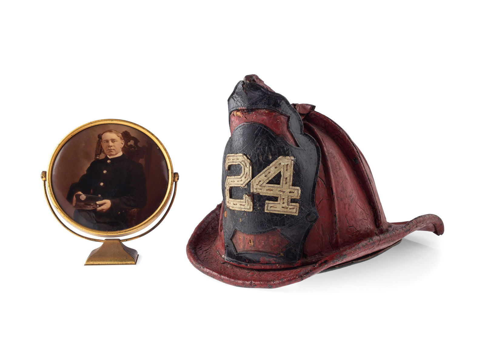 [CALIFORNIA] -- [FIREFIGHTING]. Fire helmet, badges, (1 of 18)