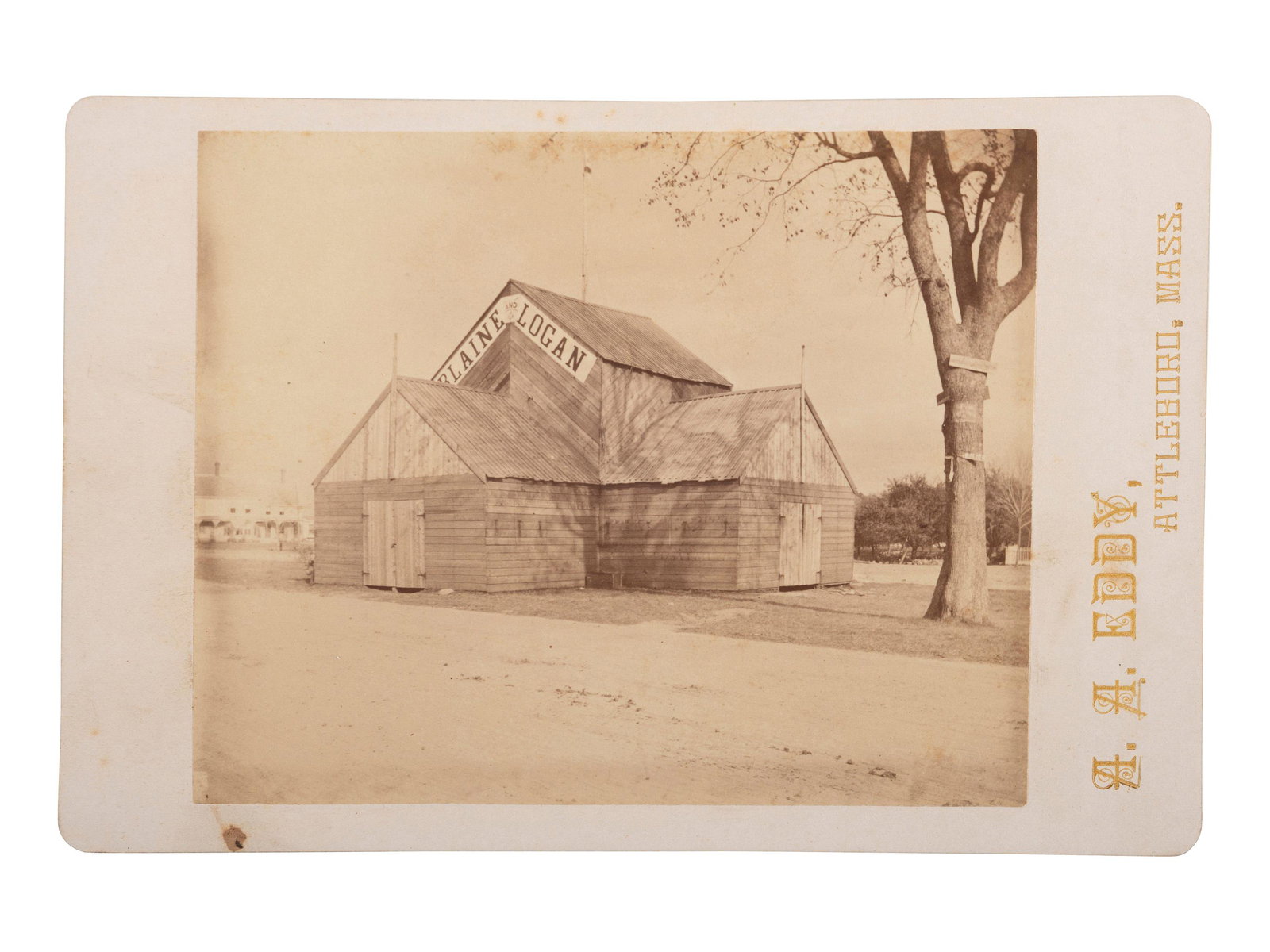 [1884 ELECTION]. A collection of cabinet cards and CDV: [1884 ELECTION]. A collection of cabinet cards and CDV from the 1884 election including portraits with Blaine or Cleveland ephemera, featuring a "Blaine and Logan" campaign building. 4 3/4 x 3 