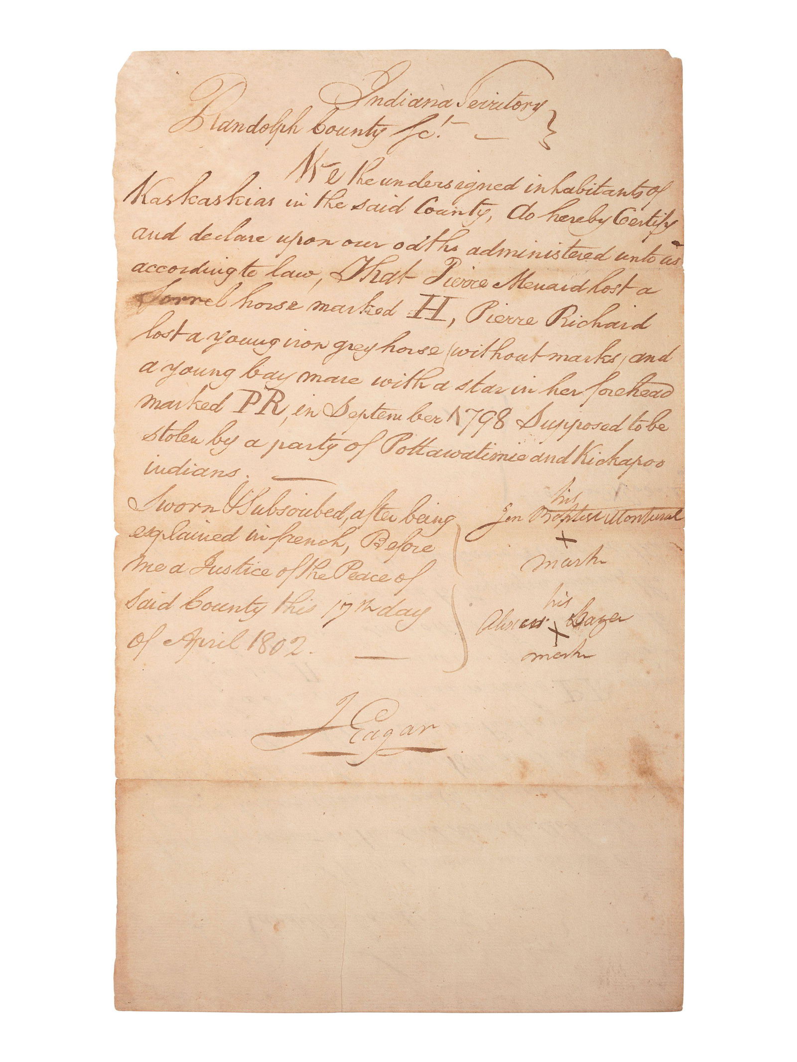 [NATIVE AMERICANS]. EDGAR, James. 2 Documents signed (1 of 2)