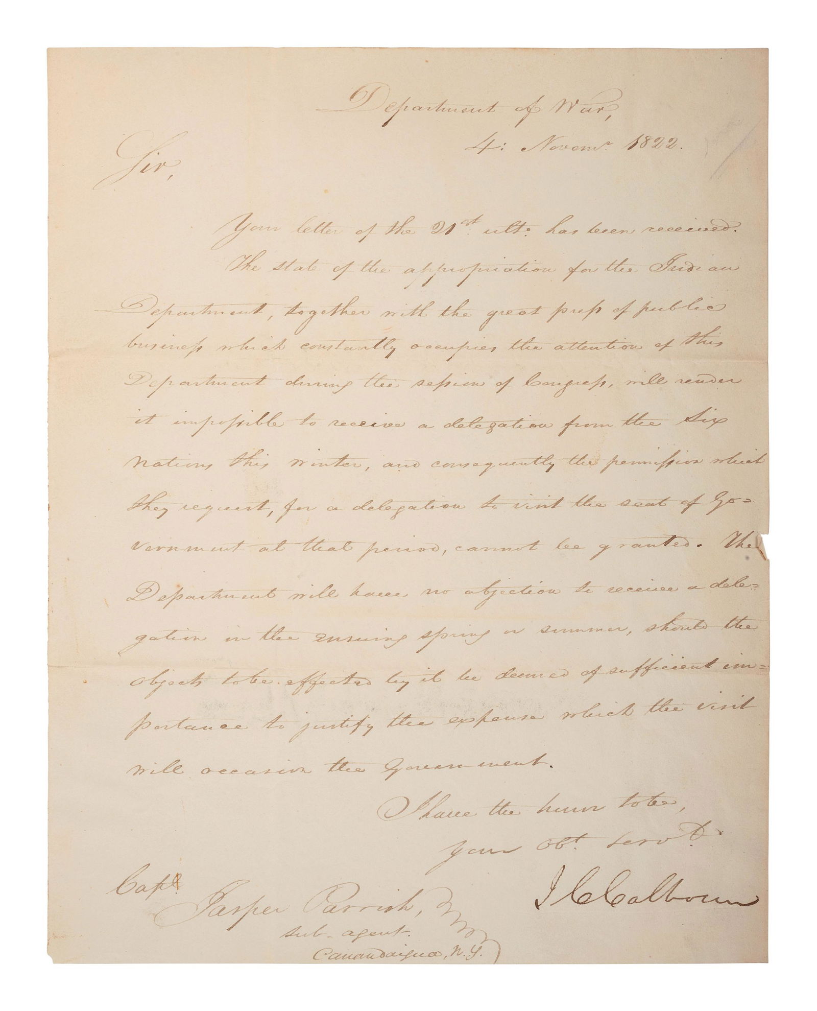 [NATIVE AMERICANS]. CALHOUN, John C. (1782-1850). (1 of 1)