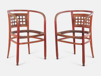 Otto Wagner for J & J Kohn (Austrian, 1841-1918) Pair: Otto Wagner for J & J Kohn (Austrian, 1841-1918) Pair of Armchairs, c. 1902 polychromed beechwood manufacturer's label to seat back H 31 1/2 x W 22 x D 20 3/4 inches.