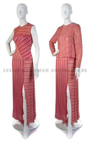 A Bill Blass Pink Silk Chiffon Sequin and Beaded Eve: A Bill Blass Pink Silk Chiffon Sequin and Beaded Evening Gown, together with a matching jacket. Labeled: Bill Blass. Property of a Lady New York City, New York