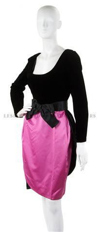 A Bill Blass Black Velvet and Pink Silk Cocktail Dr: A Bill Blass Black Velvet and Pink Silk Cocktail Dress, with bow belt at waist. Labeled: Bill Blass. Property of a Lady New York City, New York