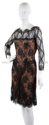 A Bill Blass Tan and Black Lace Cocktail Dress.: A Bill Blass Tan and Black Lace Cocktail Dress. Labeled: Bill Blass. Property of a Lady New York City, New York