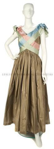 A Bill Blass Taupe Taffeta Ball Gown,: A Bill Blass Taupe Taffeta Ball Gown, 1980s, with pastel ribbon weave bodice, full skirt. Labeled: Bill Blass.