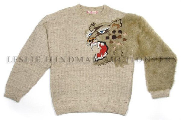 A Kansai Beige Wool 'Tiger' Sweater, Size L.: A Kansai Beige Wool 'Tiger' Sweater, oversized, with waffle knit, faux fur sleeve, lurex embroidered tiger motif. Labeled: Kansai International. Size L.