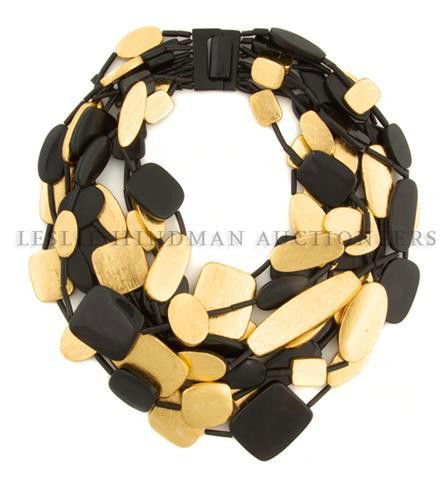 A Gerda Lynggaarde for Monies Gold Lacquered and B: A Gerda Lynggaarde for Monies Gold Lacquered and Black Resin Multistrand Necklace. Stamped: Monies.