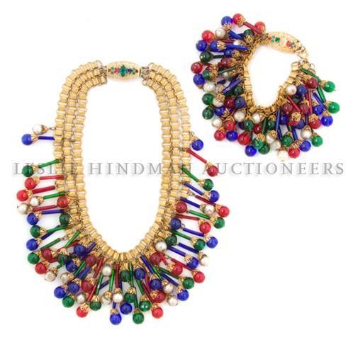 A French Red, Green and Blue Poured Glass Suite,: A French Red, Green and Blue Poured Glass Suite, comprised of a necklace and a bracelet, with long bugle bead fringe a top a goldtone chain.