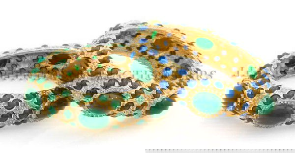 A Pair of Two Kenneth Jay Hinge Bangle Bracelets,: A Pair of Two Kenneth Jay Hinge Bangle Bracelets, with all-over green and blue cabochons. Blue stamped: KJL.