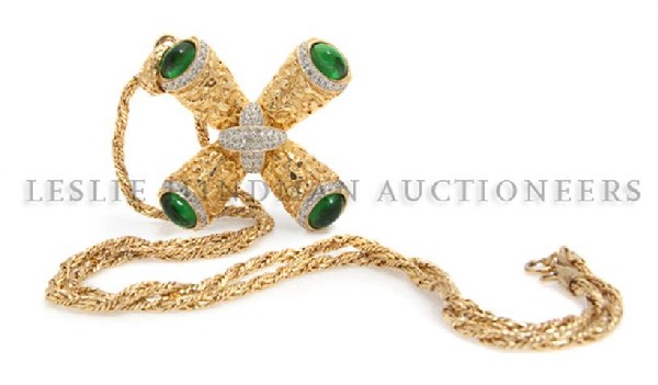A Kenneth Jay Lane Cross Pendant Necklace,: A Kenneth Jay Lane Cross Pendant Necklace, with green cabochons and rhinestone details. Stamped: Kenneth Lane.