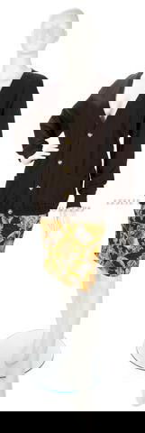 A Ferragamo Brown Wool and Silk Sweater and Skirt: A Ferragamo Brown Wool and Silk Sweater and Skirt Ensemble, cardigan sweater reversible to a fox motif silk, quilted skirt in matching silk. Labeled: Ferragamo. Size 10. Property from the Estate of Eu