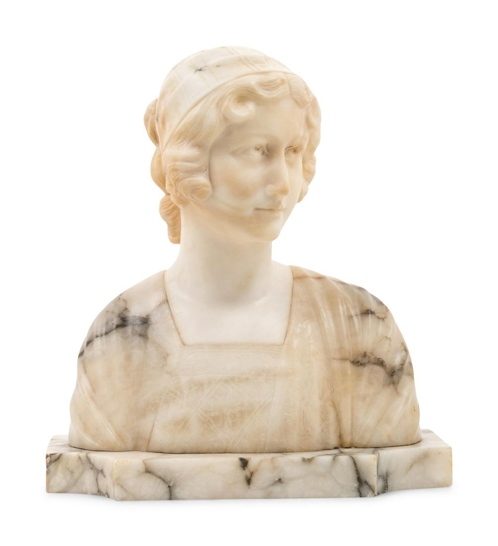 An Italian Alabaster Bust: An Italian Alabaster Bust Late 19th Century inscribed Italy N103/4 and Mignon to the underside. Height 10 1/2 x width 9 5/8 x depth 4 1/2 inches.