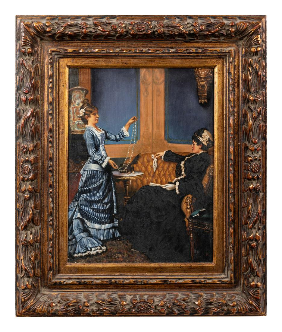 Rozsahegy (Hungarian, Late 19th/Early 20th Century): Rozsahegy (Hungarian, Late 19th/Early 20th Century) Woman with Pearls oil on panel bearing artist's monogram (lower right) 16 x 12 inches (sight). Property from the Estate of Charles and Lorraine Jand
