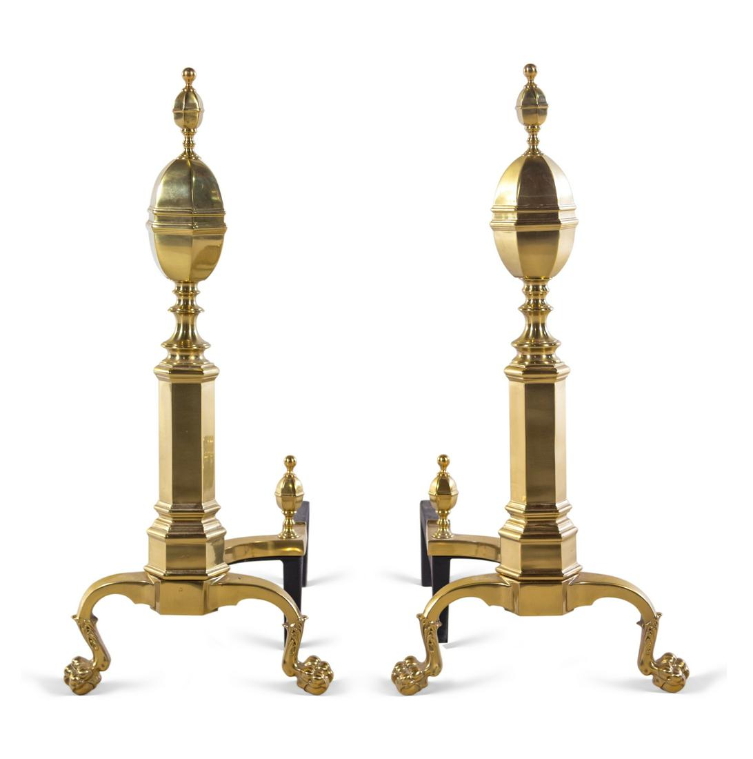 A Pair of English Brass Andirons: A Pair of English Brass Andirons 20th Century Height 29 1/2 x width 13 x depth 24 inches. Property from a Private Collection, Chicago, Illinois