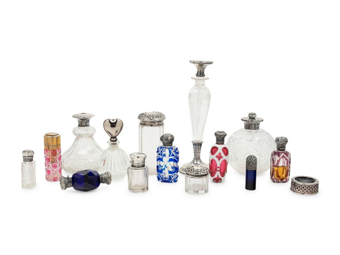 A Collection of Silver Mounted Glass Jars and Perfume (1 of 3)