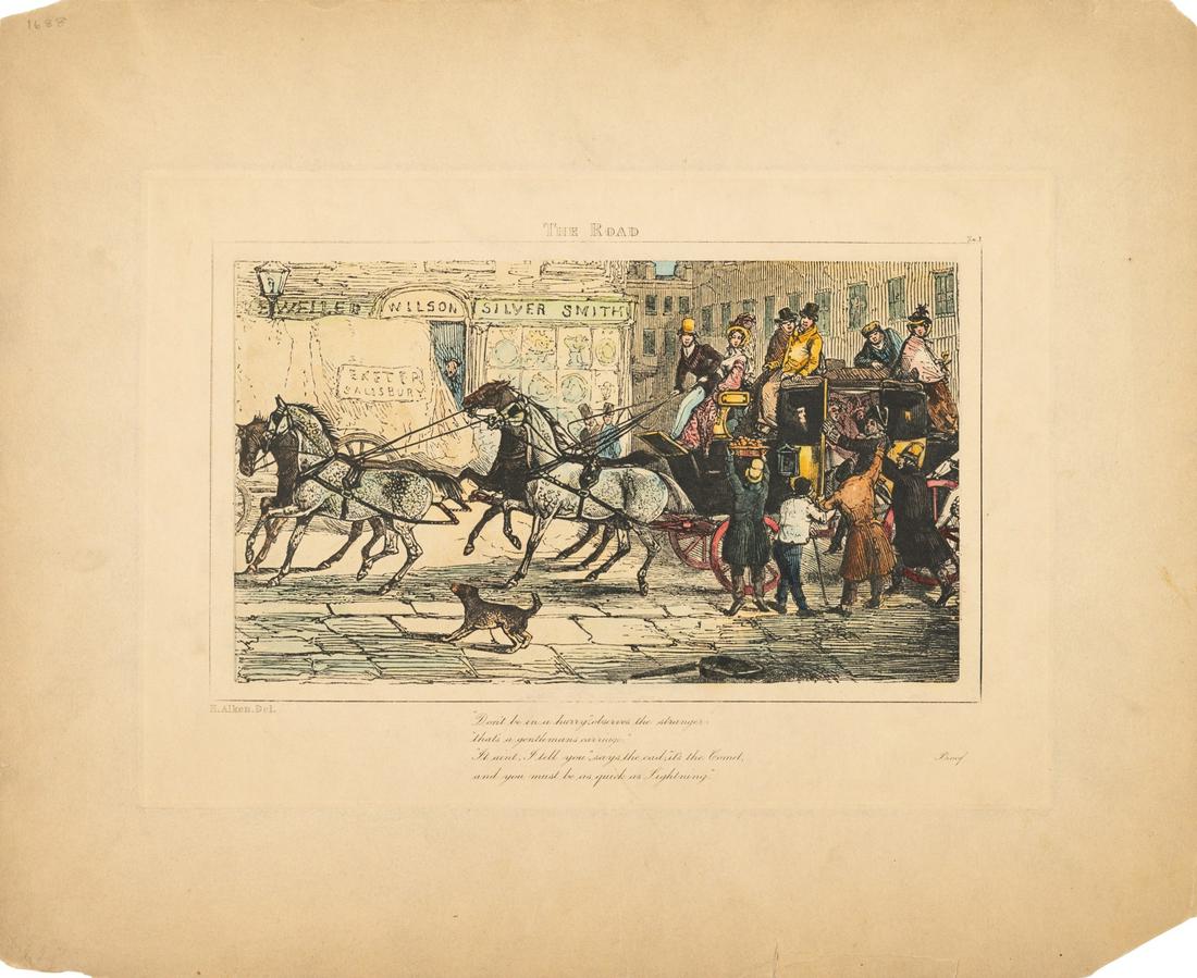 Henry Thomas Alken (British, 1785-1851): Henry Thomas Alken (British, 1785-1851) The Road, No. 1 aquatint engraving 9 x 12 3/4 inches. Property from the Estate of Professor Ethan D. Alyea, Jr., Bloomington, Indiana
