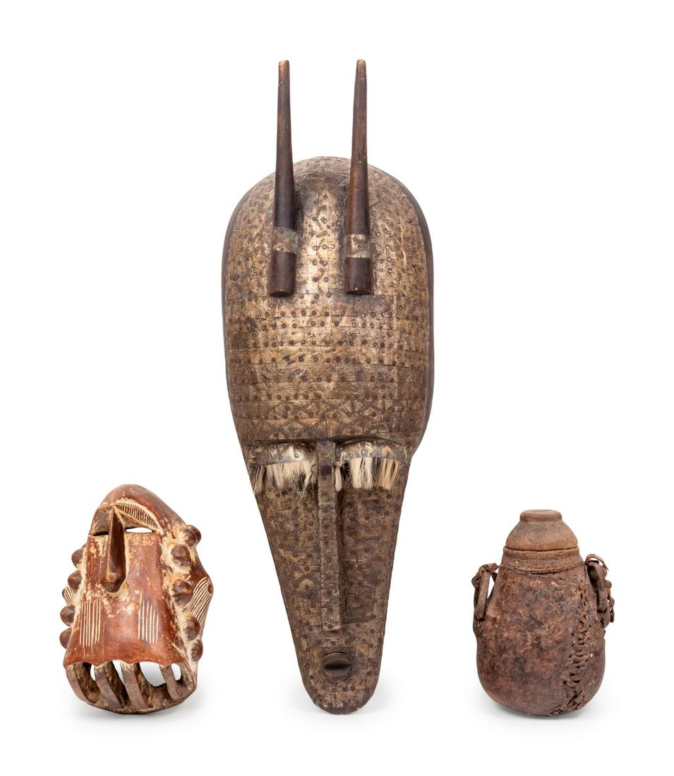 Two African Carved Wood Masks and a Covered Vessel (1 of 3)