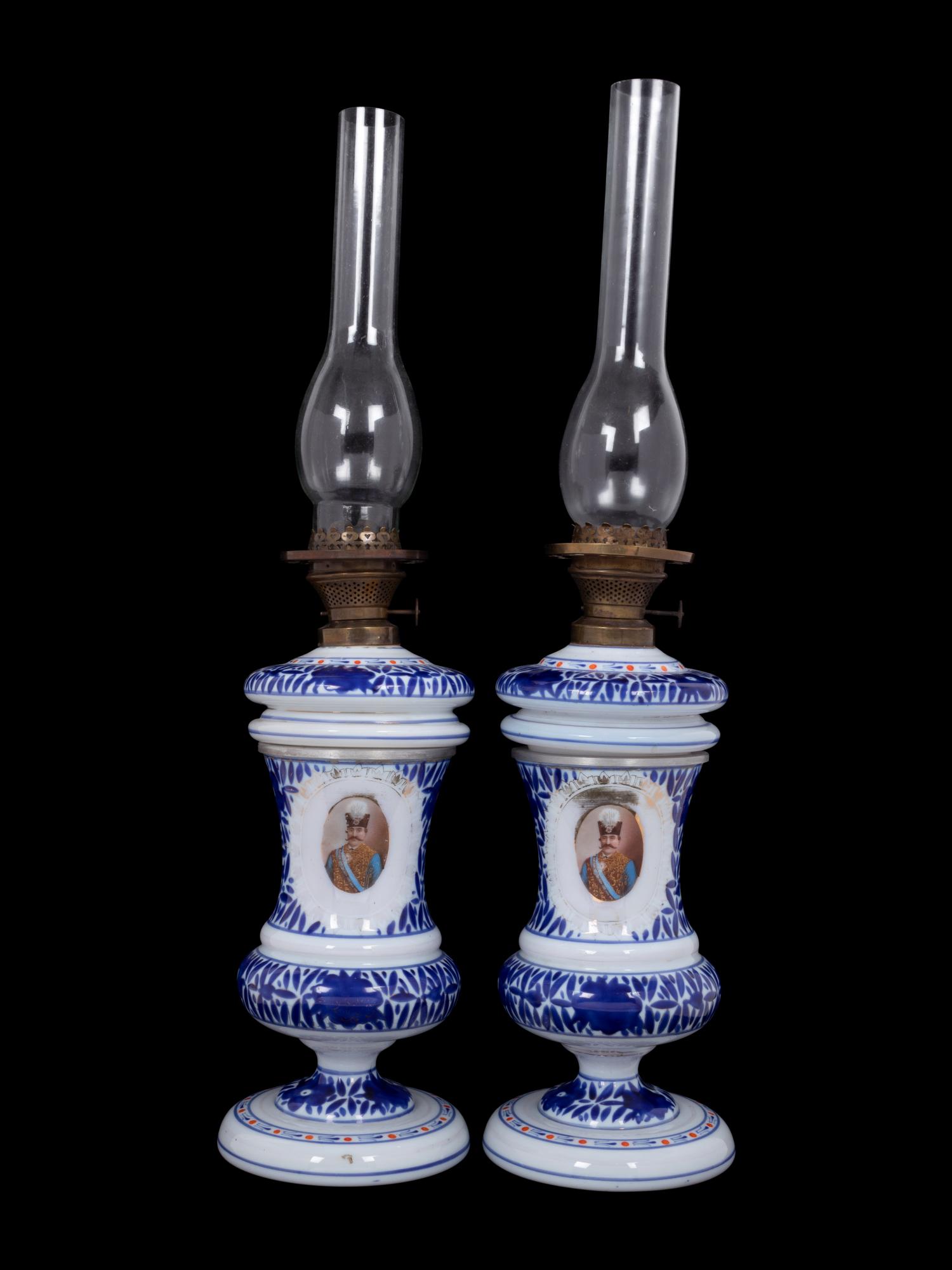 A Pair of Persian Market Opaline Glass Oil Lamps (1 of 3)