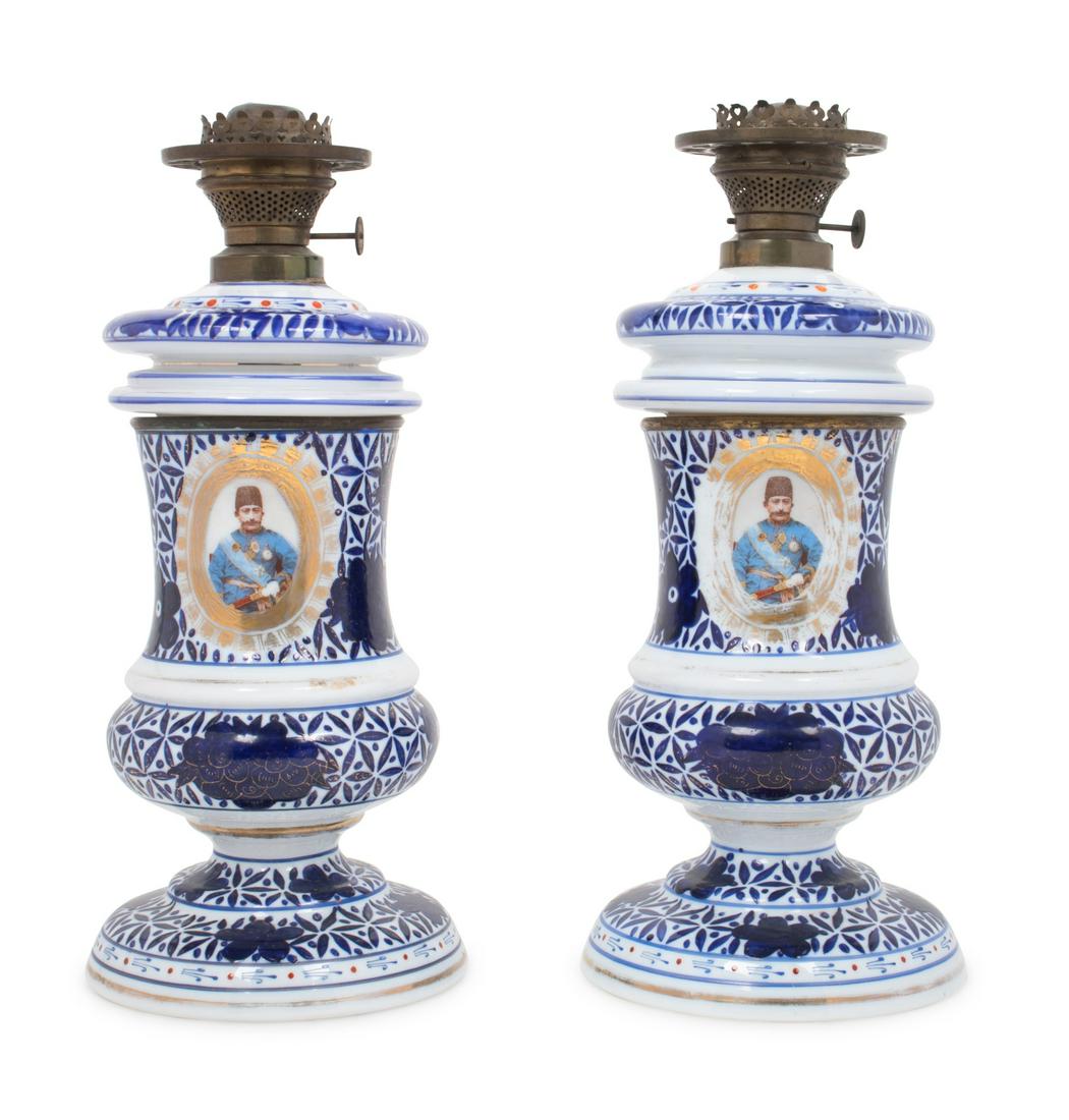 A Pair of Persian Market Opaline Glass Oil Lamps (1 of 6)