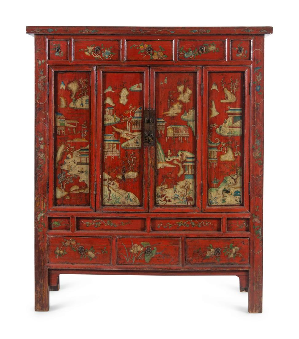 A Chinese Red Lacquered and Chinoiserie Decorated (1 of 3)