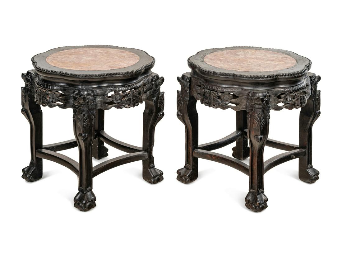 A Pair of Chinese Marble-Inset Hardwood Stands (1 of 3)