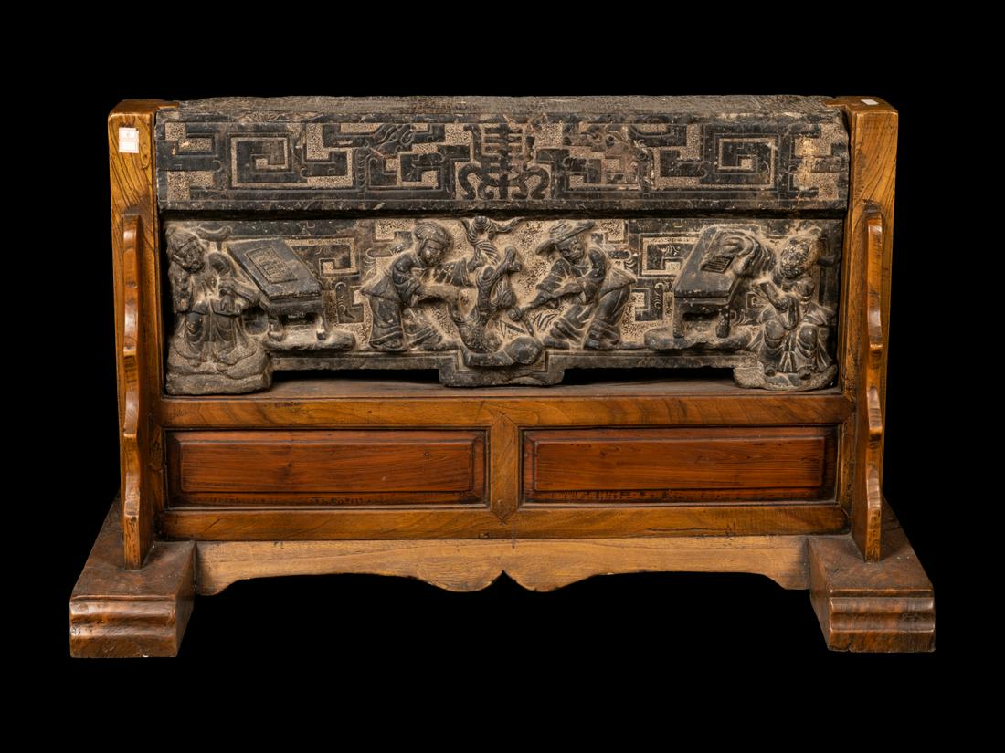 A Chinese Relief Carved Stone Stele Panel on Fitted (1 of 3)