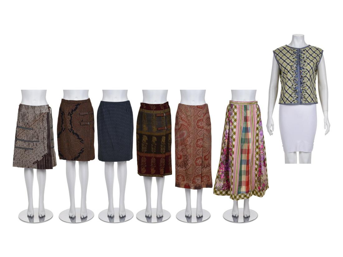 Seven Designer Items: One Koos Top, Five Koos Skirts,: Seven Designer Items: One Koos Top, Five Koos Skirts, and One Etro Skirt This lot includes one top and six skirts. THE FIRST Green and black plaid button up sleeveless top with blue and orange s