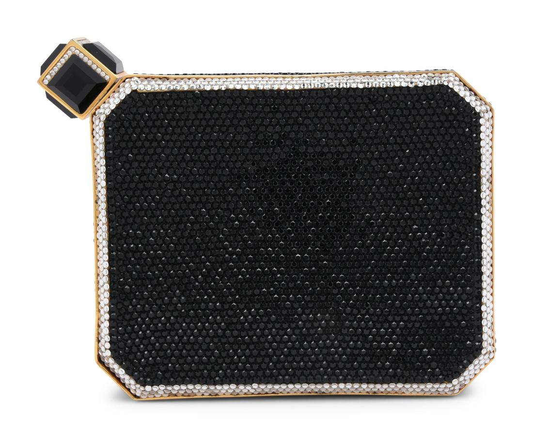 Judith Leiber Elongated Octagonal: Judith Leiber Elongated Octagonal MinaudiÃ¨re Black and clear crystal encrusted elongated octagonal minaudiÃ¨re on gold-tone metal frame, retractable chain shoulder strap, and side pressure clasp